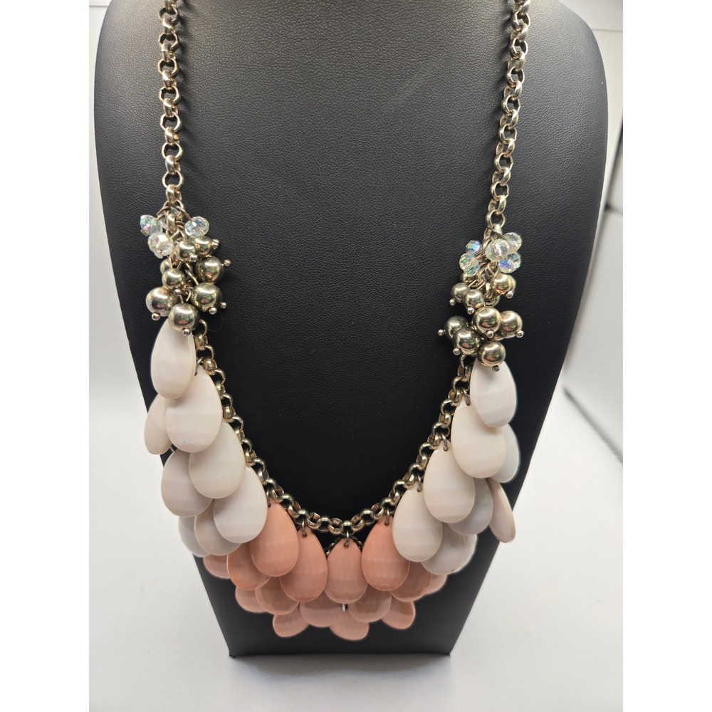 Statement Bib Necklace Peach Cream Teardrop Bead Gold Tone Multi Strand Crystal